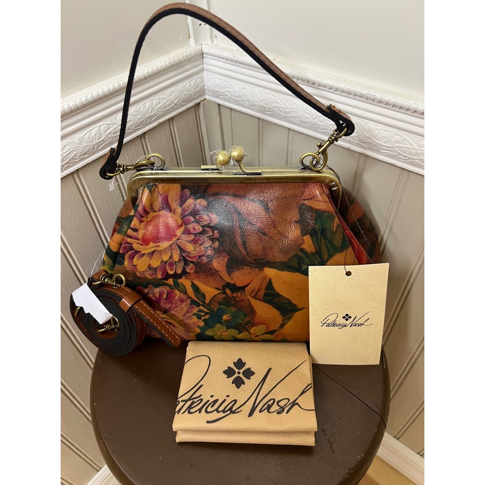 Patricia Nash Floral Leather Kiss Lock Satchel Bag Multi Color Vintage Style NEW - Picture 3 of 11